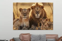 Glasschilderij Leeuwenfamillie liggend groot 160x110cm