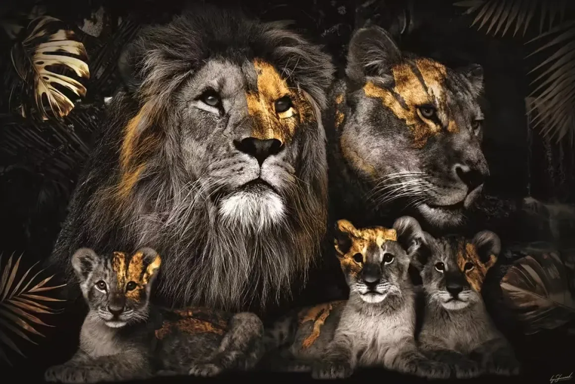 Glasschilderij Leeuwenfamilie met 3 welpjes