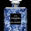 Glasschilderij met goudfolie 60x80cm Parfumflesje blauwe bloemen