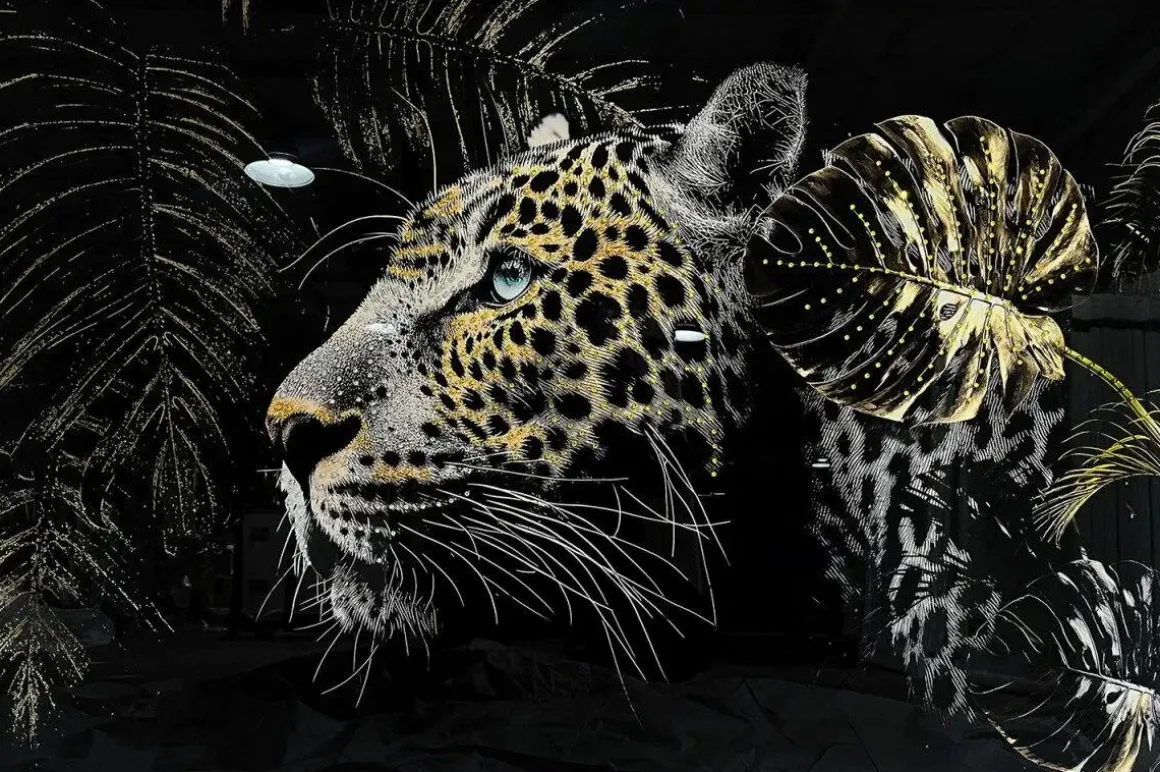 Glasschilderij met kristallen en lijst 120x80cm Panter