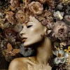 Glasschilderij Vrouw met bloemen vlinder beige