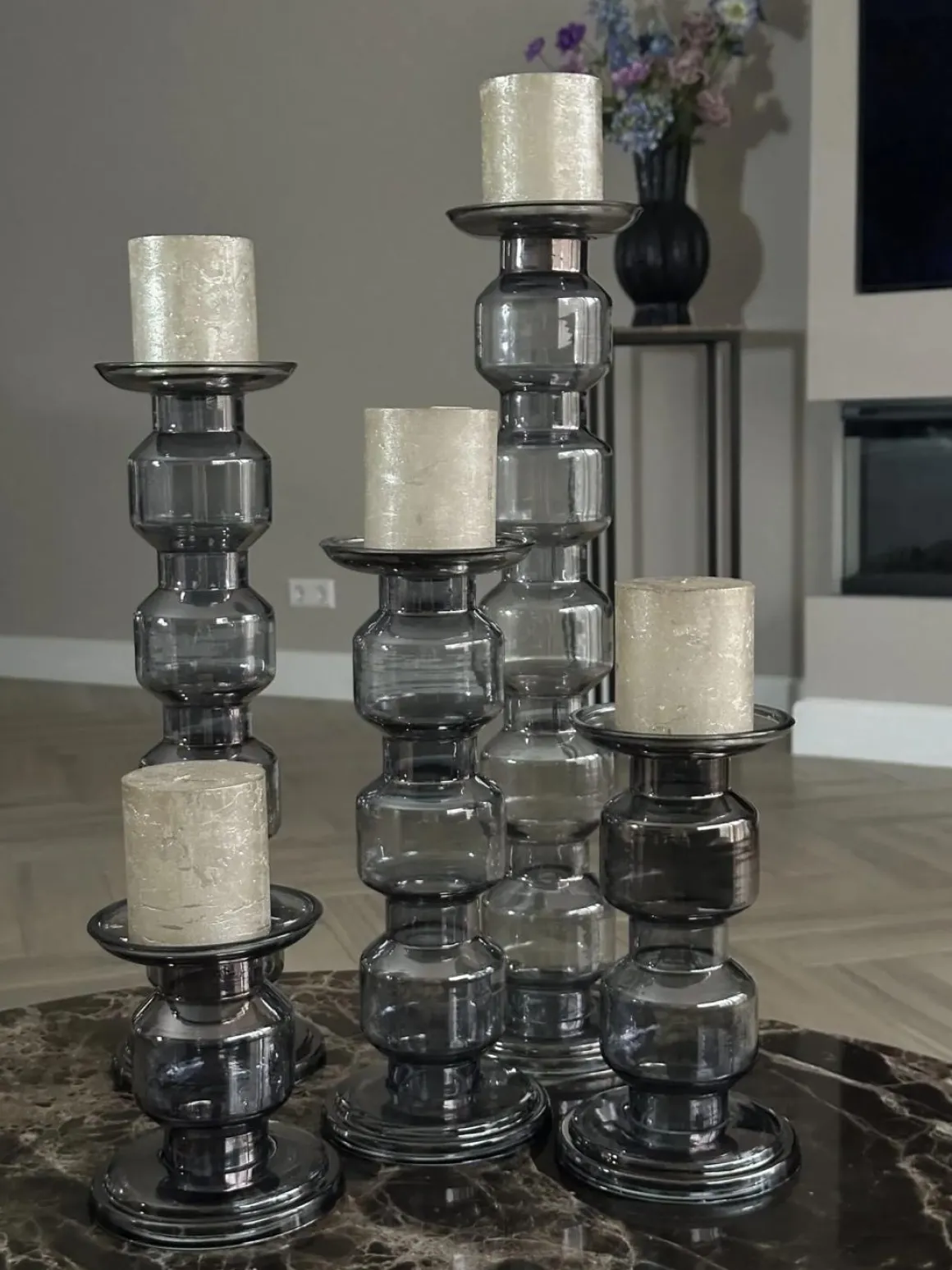 Glazen kandelaar Oyster 5 Rolls Grey luster
