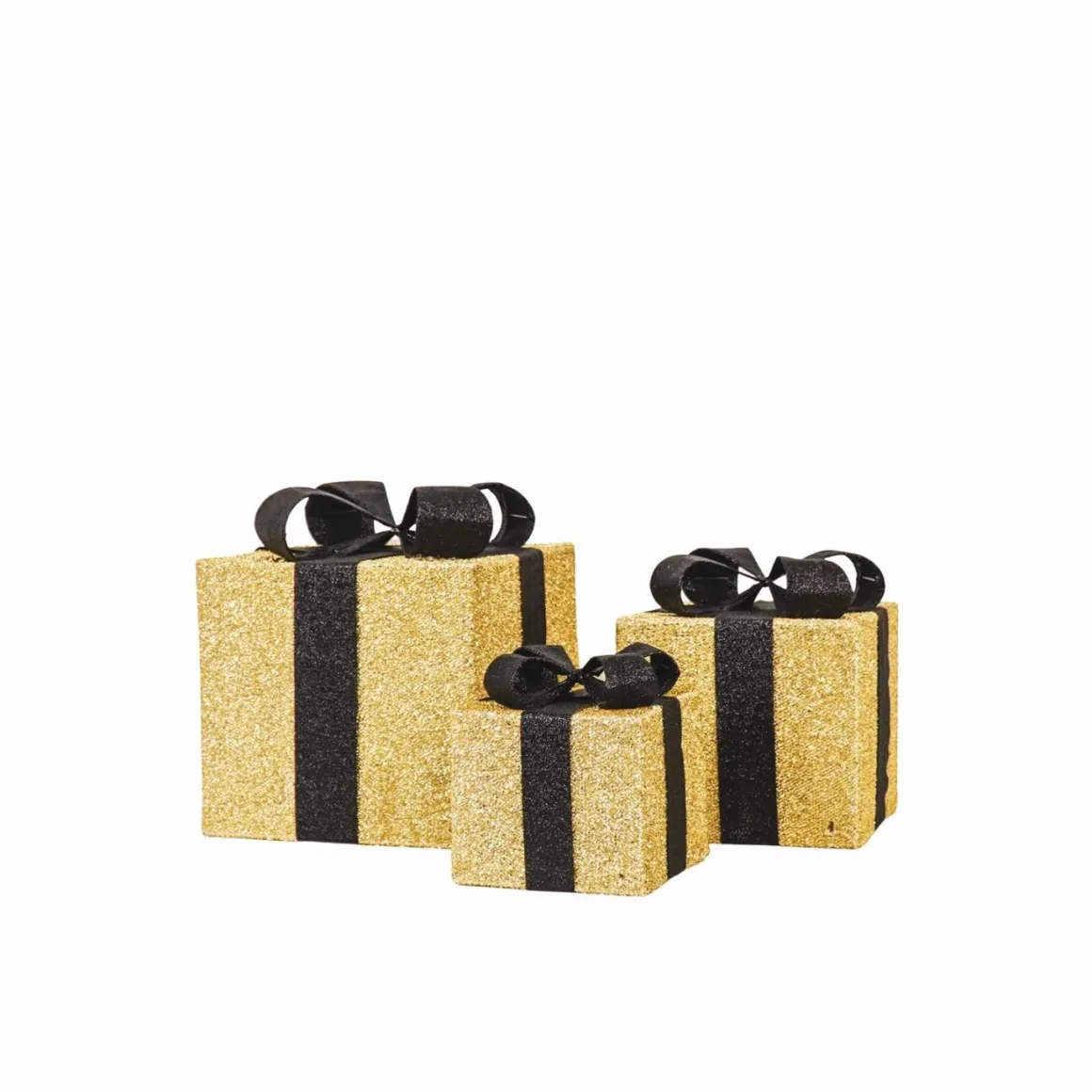 Set van 3 kerst cadeaus Goud Zwart LED 15,20,25 cm