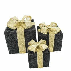 Set van 3 kerst cadeaus Zwart Goud LED 15,20,25 cm