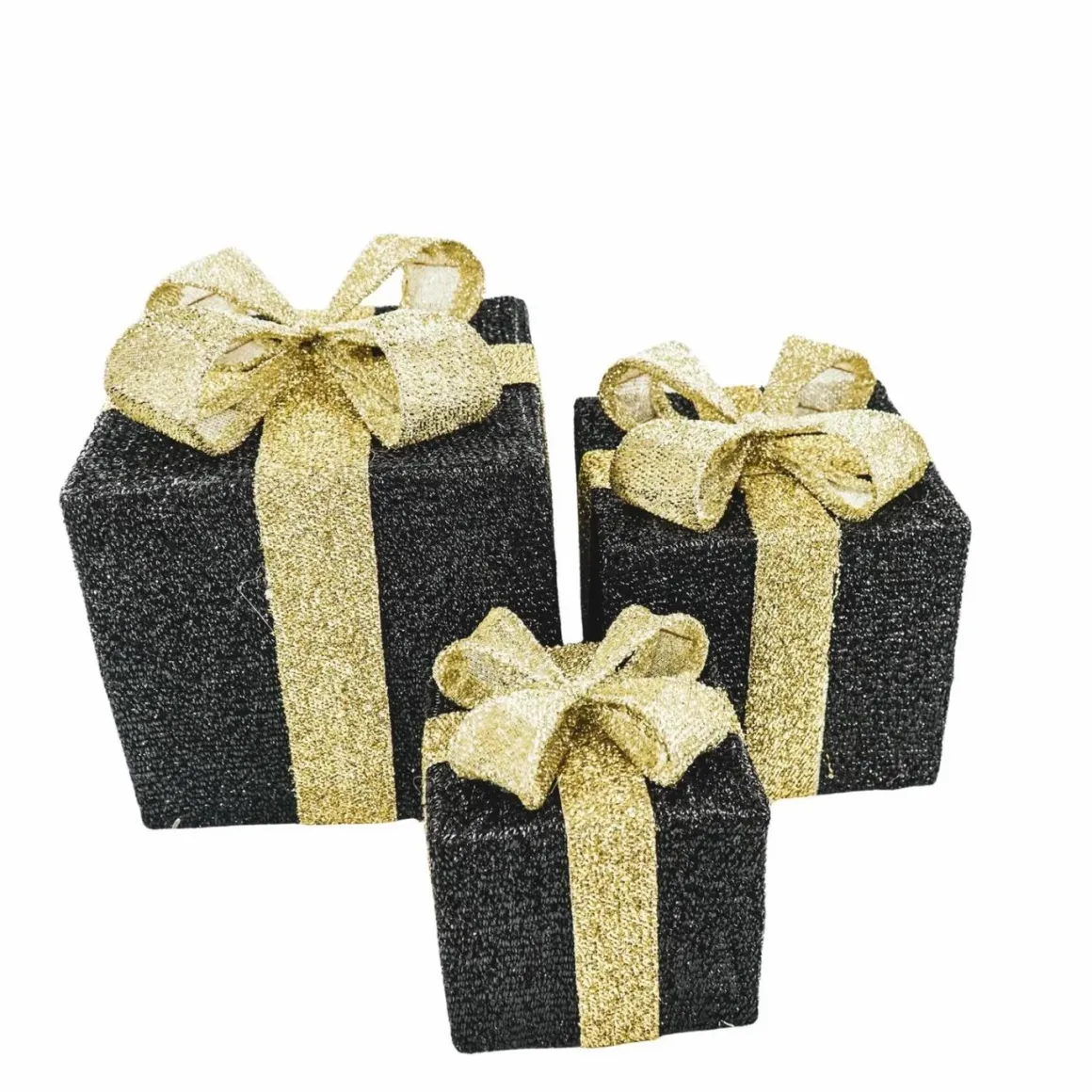 Set van 3 kerst cadeaus Zwart Goud LED 15,20,25 cm