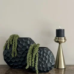 Vensterbank decoratie of side table set vaas zwart erwtenplant met kandelaar